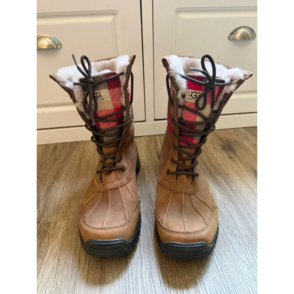 Ugg Adirondack II Boots Plaid Sherpa Lined Waterproof | Brown | Womens Size 10